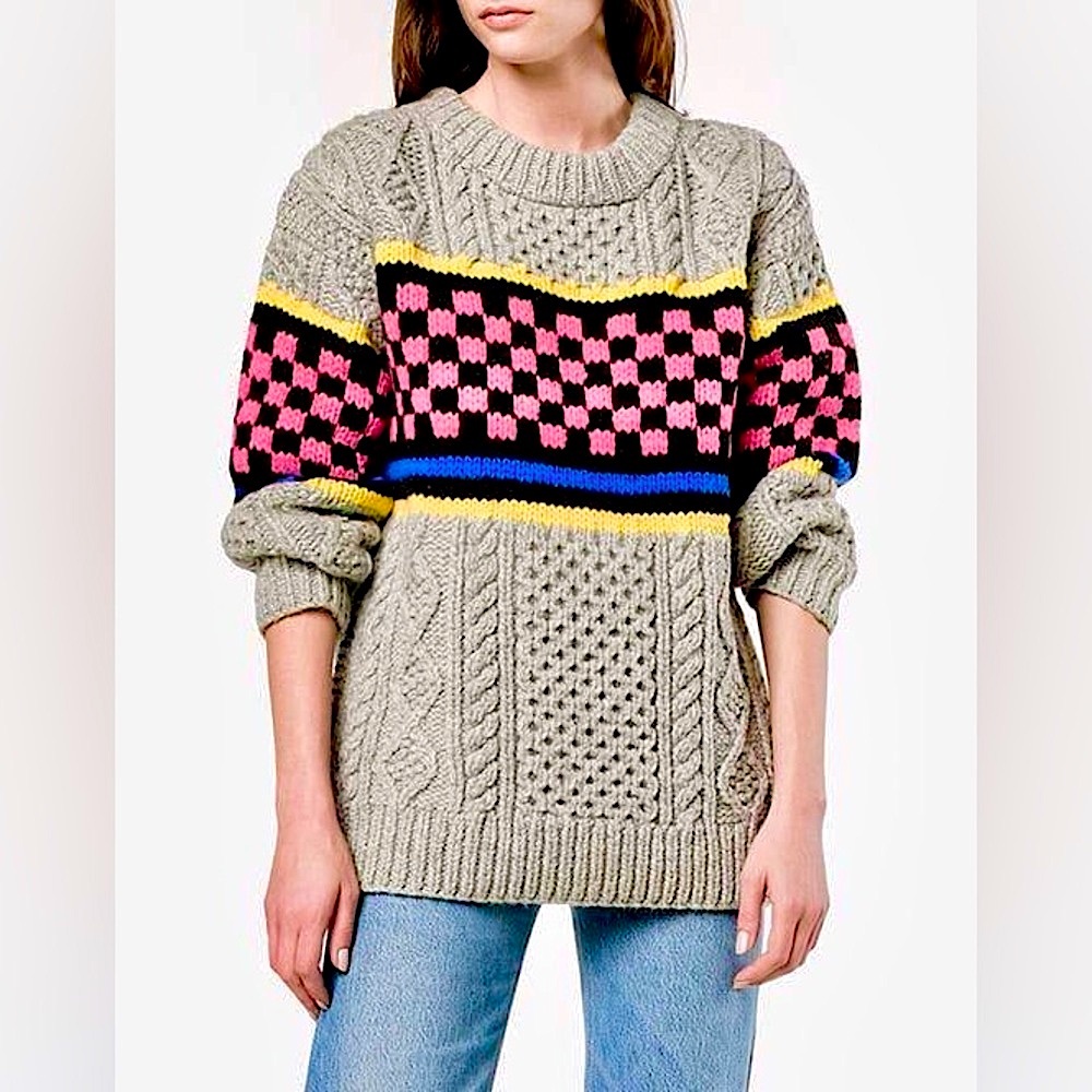 NWT XS ASHLEY WILLIAMS CHECKERBOARD Chunky Knit Sweater Jumper Gray Black Cable - Picture 2 of 16